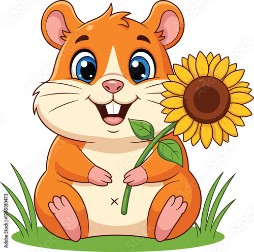 Cute cartoon hamster holding sunflower, adorable animal character, happy pet illustration, smiling rodent sitting on grass, vector design, children artwork