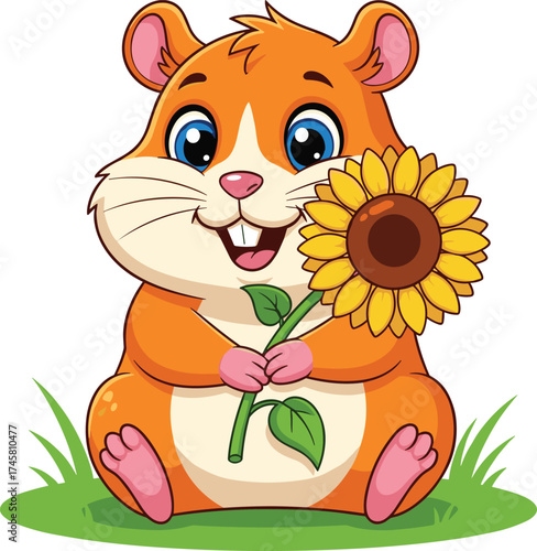 Cute cartoon hamster holding sunflower, adorable animal character, smiling rodent illustration, happy pet sitting on grass, vector design for kids