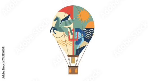 Hot Air Balloon with Pegasus and Abstract Patterns.