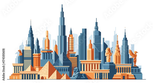 Iconic global landmarks skyline illustration with famous buildings.