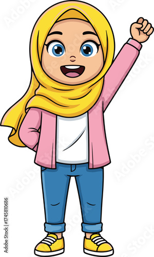 Happy cartoon girl wearing yellow hijab and pink jacket, smiling face, confident pose, cute child character, vector illustration, cheerful kid design