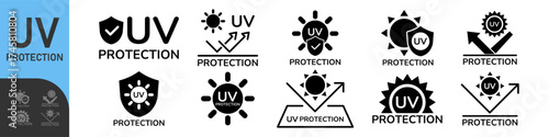 UV protection icon set. UV radiation black icon. Ultraviolet symbol. Sun uv protection icons. Vector pictogram of sunscreen spf. Skincare illustration, sign for cosmetics packaging