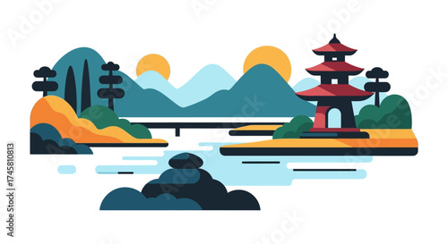 Japanese pagoda temple in scenic landscape with mountains and water.