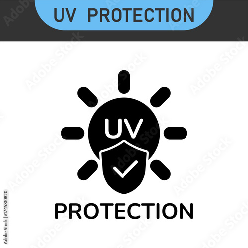 UV protection icon set. UV radiation black icon. Ultraviolet symbol. Sun uv protection icons. Vector pictogram of sunscreen spf. Skincare illustration, sign for cosmetics packaging