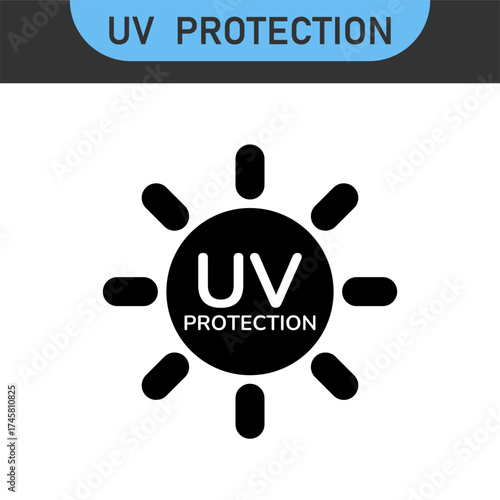 UV protection icon set. UV radiation black icon. Ultraviolet symbol. Sun uv protection icons. Vector pictogram of sunscreen spf. Skincare illustration, sign for cosmetics packaging
