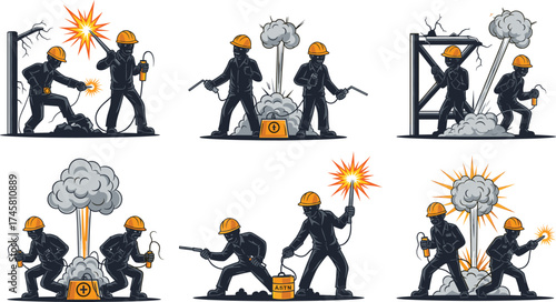 Construction demolition workers handling explosives and detonators, blasting process safety control, mining operation explosion scene, industrial engineering destruction illustration vector.