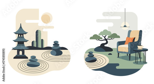 Japanese Zen Garden and Interior Design with Bonsai Tree.