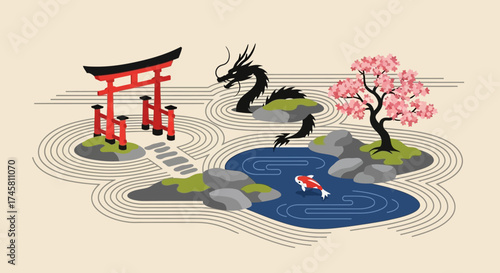 Japanese Zen Garden with Torii Gate, Dragon, Cherry Blossom, and Koi Pond.