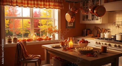 Inviting cozy kitchen with homemade pies, pumpkins, candles, and autumn sunlight through the window in warm orange tones