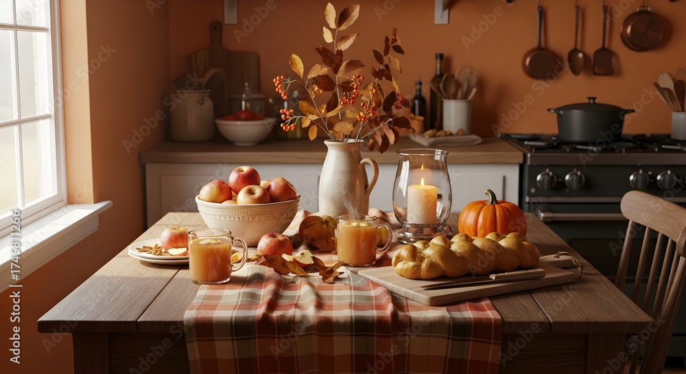 Fototapeta premium Inviting cozy kitchen scene with apple cider mugs, bread loaf, pumpkins, and autumn leaves on plaid tablecloth in warm sunlight