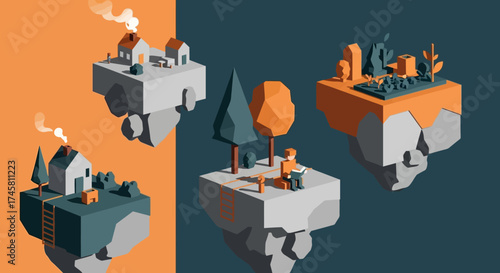 Low poly floating islands with houses and trees.