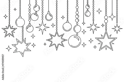 Hanging stars and baubles outline illustration