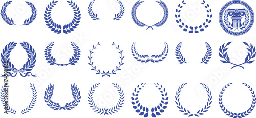 Collection of Blue Laurel Wreaths and Greek Column Emblem on White Background