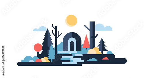 Minimalist flat design illustration of a forest landscape with a waterfall.