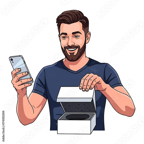 Happy man opening a box while holding a phone isolated on white background