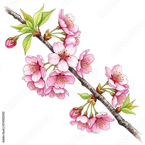 Watercolor painting of cherry blossom branch isolated on white background