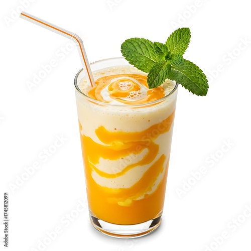 Refreshing mango lassi smoothie with mint garnish isolated on white background