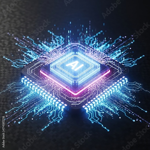 Artificial intelligence chip with glowing neon lights on a dark background