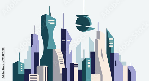 Modern Cityscape Illustration with Futuristic Buildings and Clean Design.