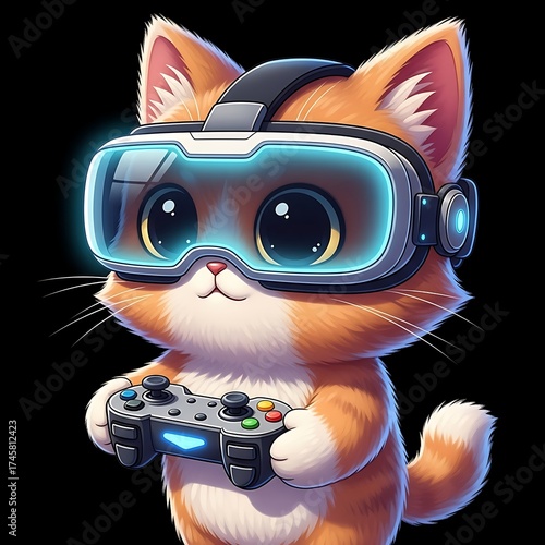 Cute orange cat wearing vr glasses and playing video game on black background