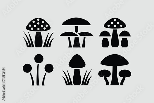 Wild Mushroom Silhouettes Set. Vector Black Collection of Various Forest Fungi, Toadstool, and Fungus Icons.