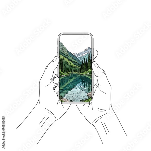 Hands holding smartphone with mountain lake view isolated on white background