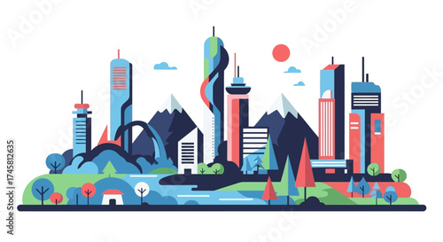 Modern Cityscape with Skyscrapers and Mountains.