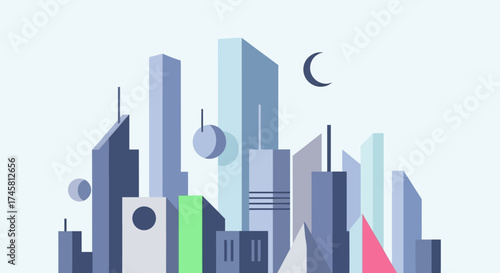 Modern Cityscape with Tall Buildings and Crescent Moon.