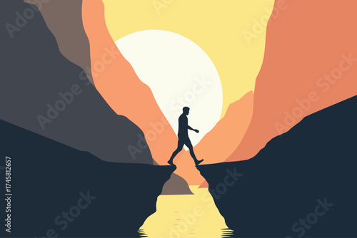 Silhouette of man crossing a mountain canyon at sunset illustration