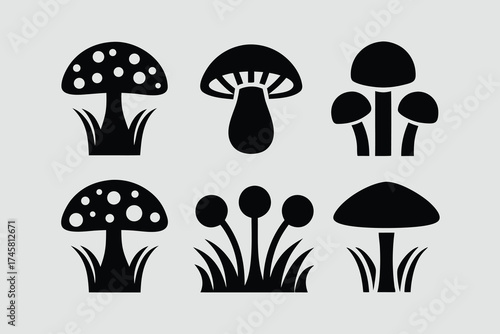 Wild Mushroom Silhouettes Set. Vector Black Collection of Various Forest Fungi, Toadstool, and Fungus Icons.