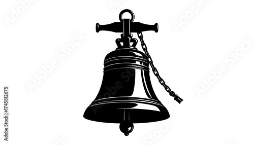 Silhouette of a large ship's bell.  Solid black bell with a crown-like top,  heavy chain and a horizontal support bar.  Vintage style