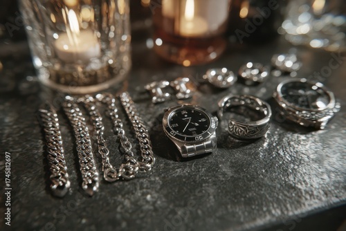 Wallpaper Mural A detailed close-up showcases exquisite silver jewelry, including chains, rings, cufflinks, and a stylish watch, elegantly arranged on a textured dark surface. Torontodigital.ca