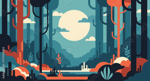 Modern Flat Illustration of a Serene Forest Scene.