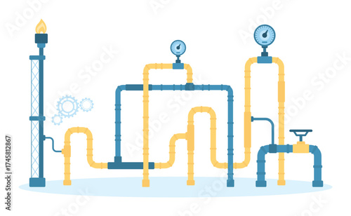 Natural liquefied gas pipeline vector illustration. Cartoon steel pipes with wheel valves, pressure meters for control gas flow and leaks and torch tower, infographic construction of energy system