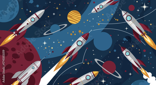 Multiple rockets flying through space with planets and stars.