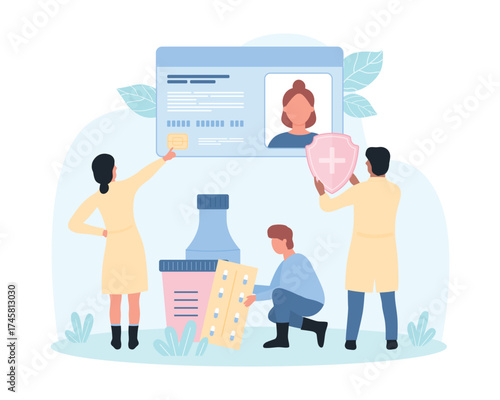 Healthcare and medical care for patient with insurance card vector illustration. Cartoon tiny people holding shield with cross and pills to protect health and life in hospital, medicine service