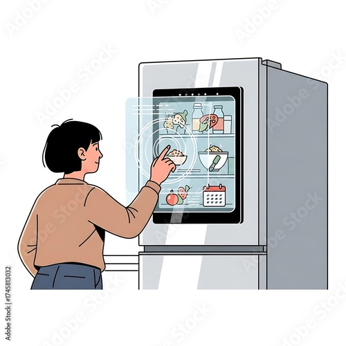 Woman using smart refrigerator with transparent screen isolated on white background