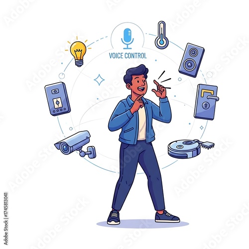 Man using voice control to manage smart home devices, technology concept