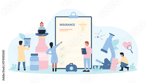 Health insurance vector illustration. Cartoon tiny people check healthcare policy document on clipboard to protect family life, record list of urgent medical care and help for patient in clinic form