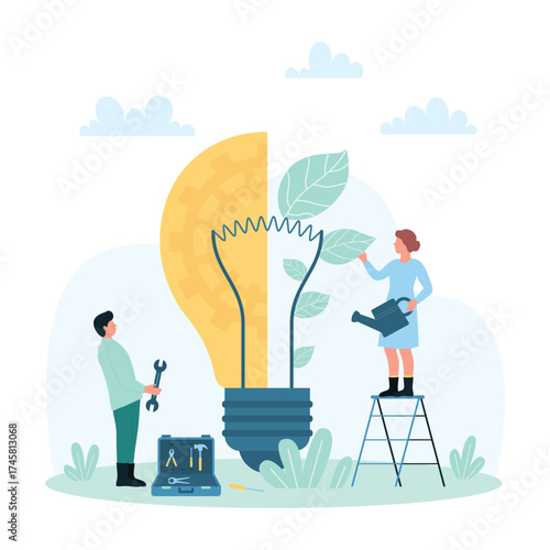 Development, growth of global eco projects vector illustration. Cartoon tiny people grow plant with green leaf inside light bulb, generate green ideas and sustainable solutions to save environment