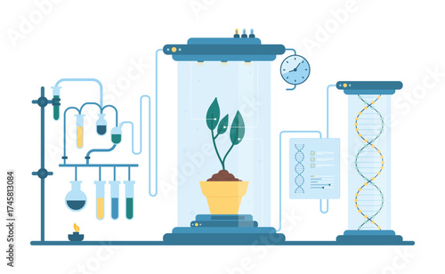 Biotechnology laboratory research vector illustration. Cartoon isolated lab equipment system for science experiment, futuristic plant cultivation and breeding of green sprouts in pot and test tubes