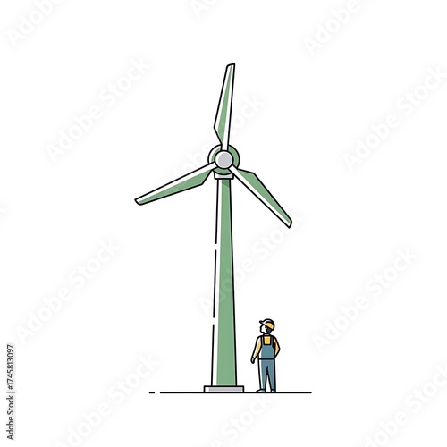 Wind turbine with worker isolated on white background, clean energy concept