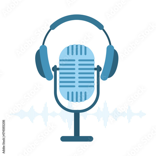 Headphones, microphone and sound waves for audio service vector illustration. Cartoon isolated portable headset, stereo earphones and equipment to listen and record music and voice, live podcast