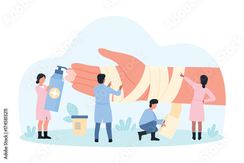 Medical care for hand injury vector illustration. Cartoon tiny people bandage huge injured hand of patient with wound or sprain, doctors treat physical ache of wrist and arm with plaster dressing