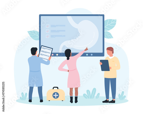 Digestive system treatment and hospital checkup, gastroenterology vector illustration. Cartoon tiny doctors people look at stomach on screen to diagnose disease, consultation of gastroenterologists