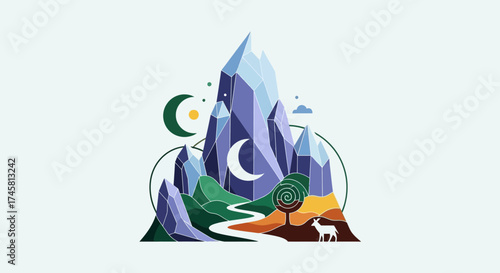 Mystical Mountain Landscape with Celestial Elements and Winding Path.