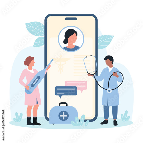 Online medicine vector illustration. Cartoon tiny people medics holding electronic thermometer, first aid box and stethoscope, virtual communication with doctor and patient on mobile phone screen