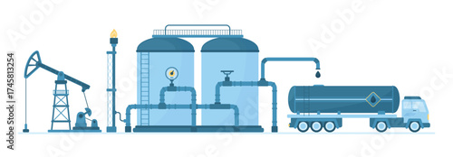 Oil industry vector illustration. Cartoon isolated infographic industrial objects, drilling rig for crude oil extraction, storage tank with pipelines and tower, truck with container for transportation