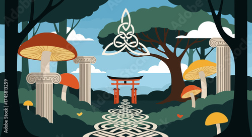 Mystical forest path leading to a symbolic gateway with intricate patterns and mushrooms.