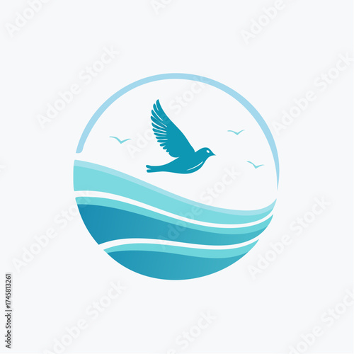 A serene blue bird soars over stylized ocean waves within a circular frame, symbolizing freedom and nature.